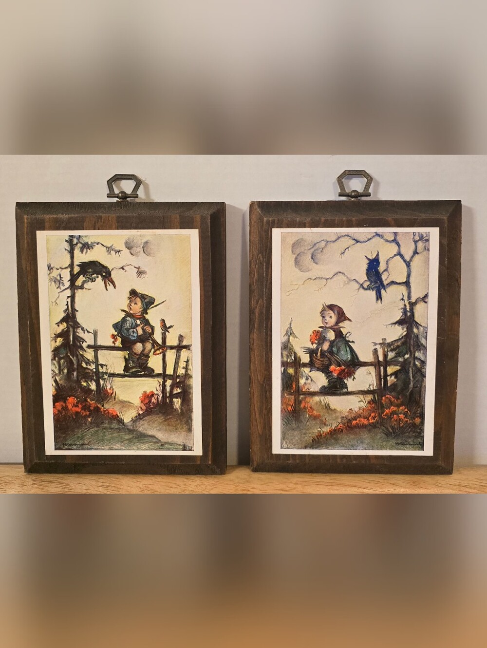 Vintage Hummel Wood Wall Plaques Pair Boy Girl on Fence West Germany 5.5"x7.5"